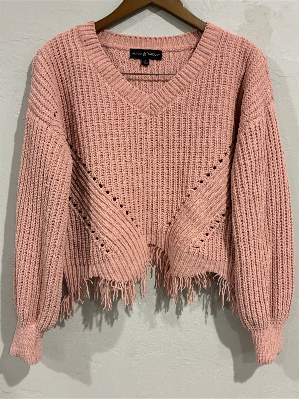 Almost Famous Blush Pink V-Neck Distressed Fringe Bohemian Sweater